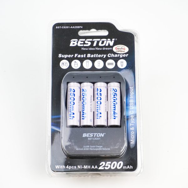 Beston BST-C6201-AA25BP4 Batteries Pack of 4, 2500mAh with Fast Charger