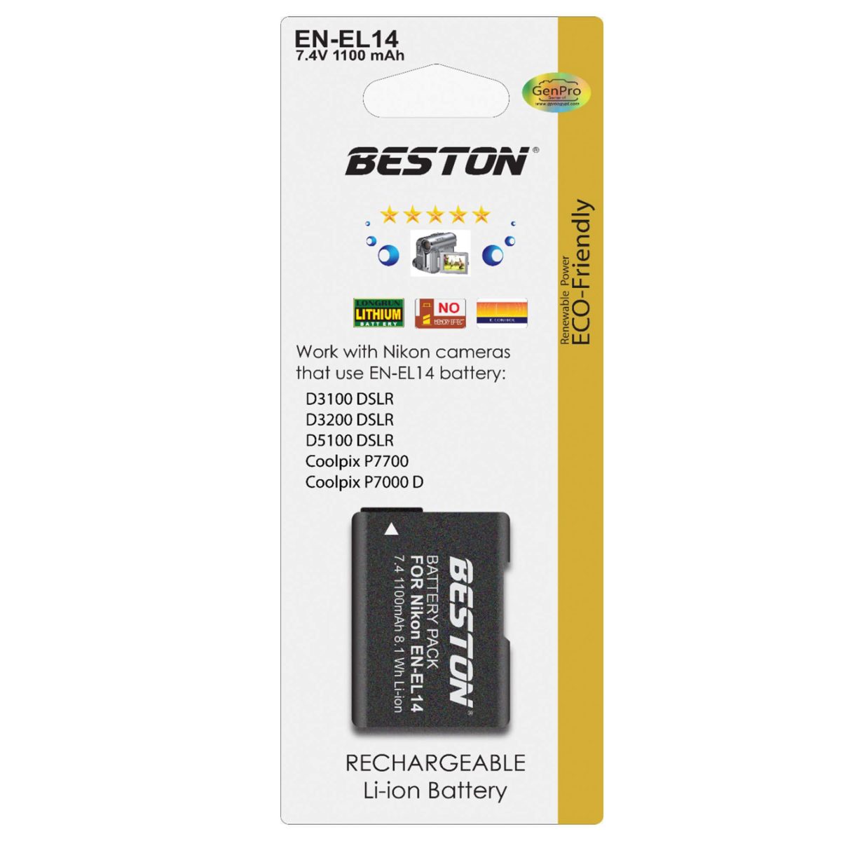 GenPro-EN-EL14-battery BESTON EN-EL14 Rechargeable Battery Pack for Nikon - Image 1
