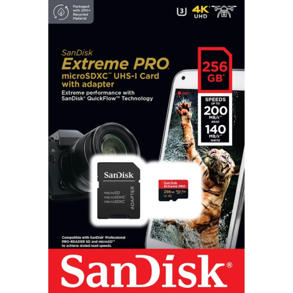 SanDisk Extreme Pro 256GB microSDXC UHS-I V30 200MB/s Read 140MB/s Write Memory Card